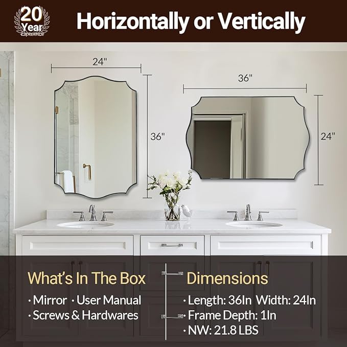 ANDY STAR Brushed Nickel Bathroom Mirror, 24x36’’ Silver Wavy Wall Mirror, Modern Bathroom Vanity Mirror HD Reflection, Anti-Rust Metal Frame Mirror for Bathroom Hangs Vertical or Horizontal