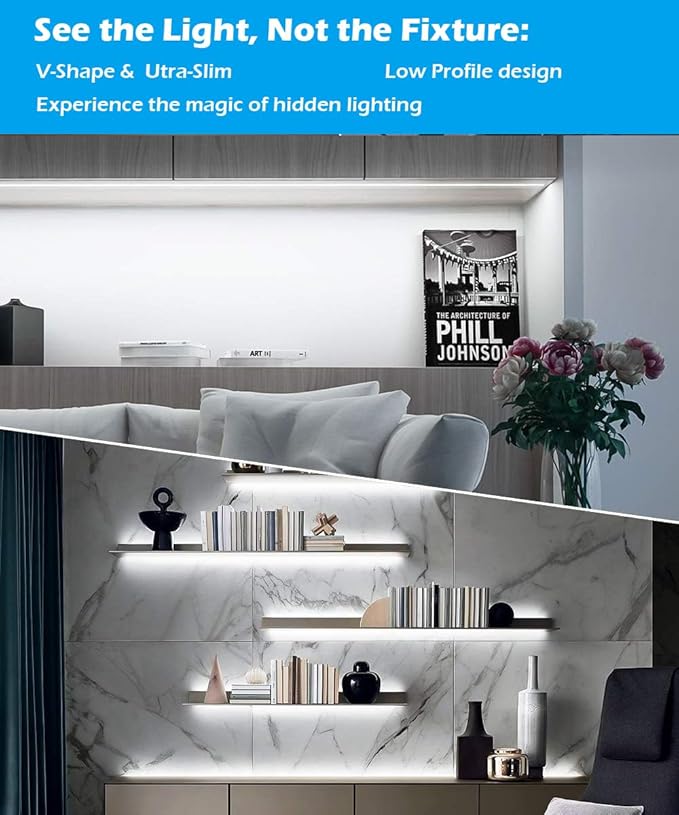 Cefrank V-Shape Under Cabinet Lighting Kit - 4pcs Sleeker 12" Dimmable LED Light Bars for Showcase Shelf Seamless Illumination - 1200lm, 12W - Pure White (6000K)