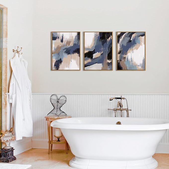 BINCUE Blue Neutral Wall Art Modern Abstract Artwork for Living Room Bedroom Office 12" Lx16 W Set of 3