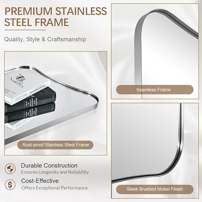 ANDY STAR Brushed Nickel Bathroom Mirror, 22x30 Silver Metal Framed Mirrors for Bathroom, Irregular Wall Mirror in Anti-Rust Stainless Steel Frame, Unique Shape Frame Ideal for Home Remodel