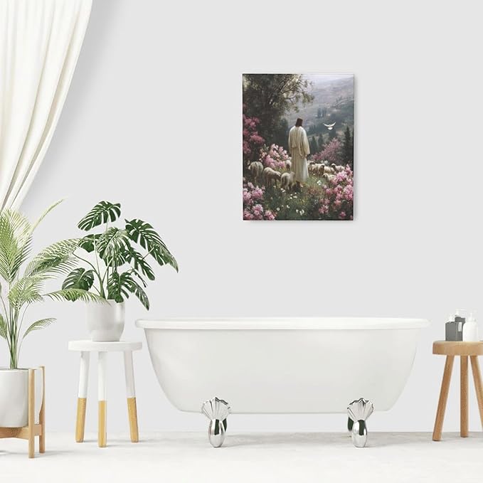 Jesus Wall Art Christian Jesus Lamb Wall Decor Religious God Canvas Painting Pictures Print Christ Decorations for Living Room Bedroom Church Framed Gifts 12”X16”