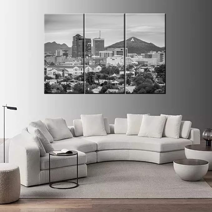 Black and White City Landscape Wall Art Tucson, Arizona, USA Downtown Skyline with Sentinel Peak Canvas Prints Picture 3 Piece Modern Romantic Themed Artwork for Bedroom Bathroom Photo Wall Display