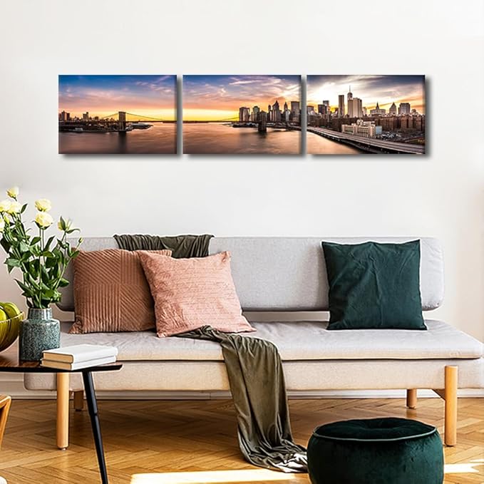 New York Cityscape Wall Art Painting on Canvas Brooklyn Bridge Panorama at Sunset Bedroom Wall Art Modern Home Decor House Decorations for Living Room Bathroom Pictures Framed Ready to Hang 14x60 Inch