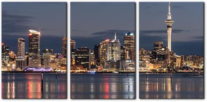 Pacimo Auckland Cityscape Wall Art - Framed Canvas Painting Prints with City Night Skyline Design - Perfect for Modern Artwork Home Decor Wall Decor for Living Room Bedroom Office - 16"x24"x3 Panels