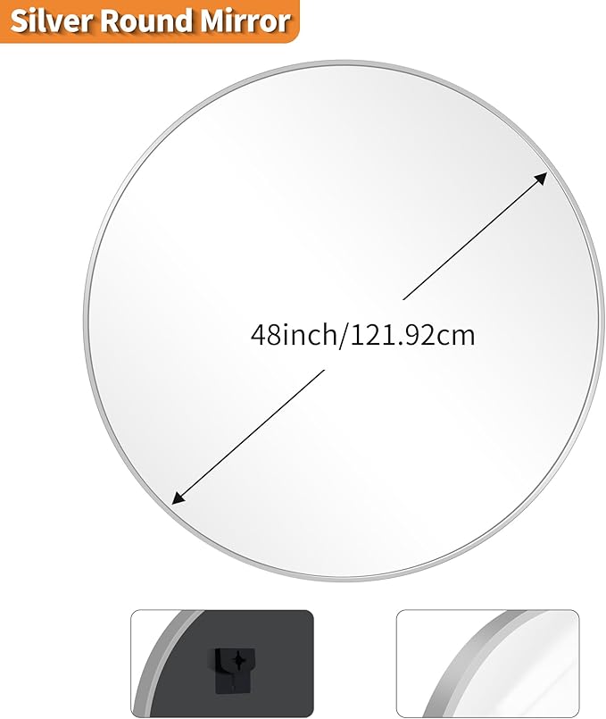 KOCUUY 48" Large Silver Round Mirror, Oversized Wall Mounted Bathroom Metal Framed Circle Mirror, Modern Vanity Circular Mirrors for Wall, Over Sink, Living Room, Bedroom Decor