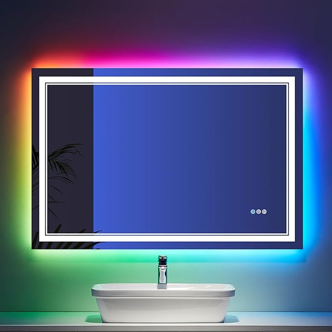 48x32 inch LED Lighted Bathroom Mirror,RGB Color Changing LED Mirror for Bathroom,Dimmable Anti-Fog Backlit Vanity Mirror (RGB Multicolor Backlit + Adjustable Front-Lighted)