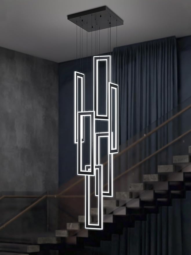 Modern Chandeliers, Black Chandelier with 6 Ring Led Foyer Chandeliers,Larger High Ceiling Chandelier for Living Room,Square Chandeliers for Entryway Staircase LED Dimming 2700k-6000k