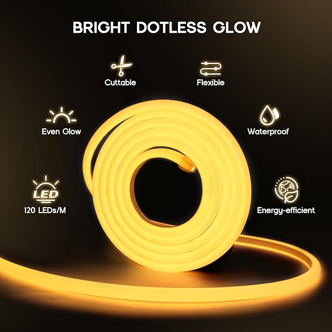 LED Neon Lights Warm White 3000K,164ft 110-120V LED Strip Lights,Flexible Outdoor Waterproof Neon Rope Lights for Bedroom,Cabinet,Kitchen,Living Room,Mirror,Halloween Decor