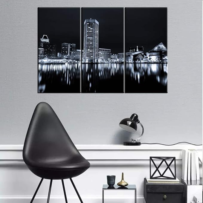 Black and White Image of the Baltimore Inner Harbor Skyline at Night Canvas Prints Modern Stretched and Framed Art Work Cityscape Pictures Paintings on Canvas Wall Art for Bedroom Home Decorations