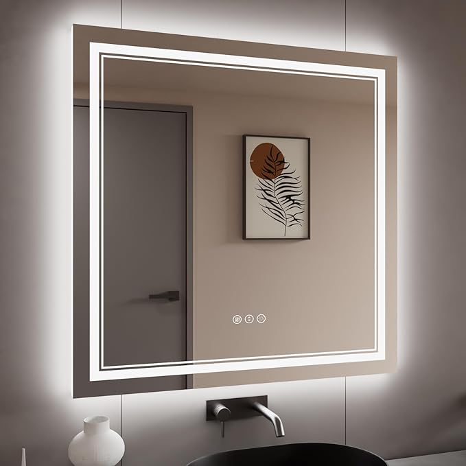 38x38 Inch LED Bathroom Mirror with Lights, Backlit and Front Lighted Bathroom Mirrors for Wall, Anti-Fog Dimmable Memory Shatterproof LED Vanity Mirror for Bathroom