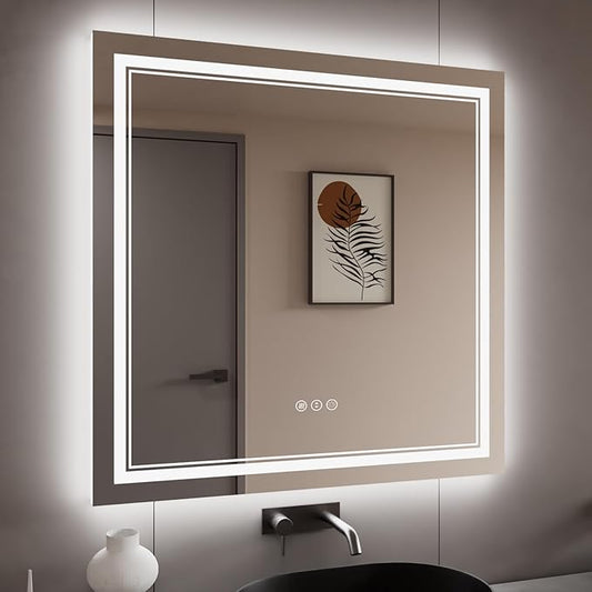 38x38 Inch LED Bathroom Mirror with Lights, Backlit and Front Lighted Bathroom Mirrors for Wall, Anti-Fog Dimmable Memory Shatterproof LED Vanity Mirror for Bathroom