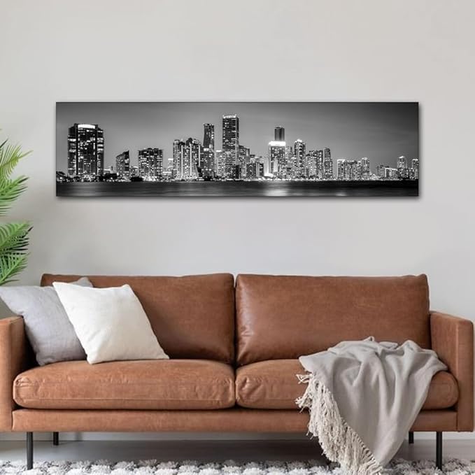 Miami Skyline Wall Art for Living Room Downtown Miami Black and White Wall Art Canvas Print Modern Home Decor Pictures Skyscraper Artwork House Decor Posters Prints Ready to Hang 12x46 Inch