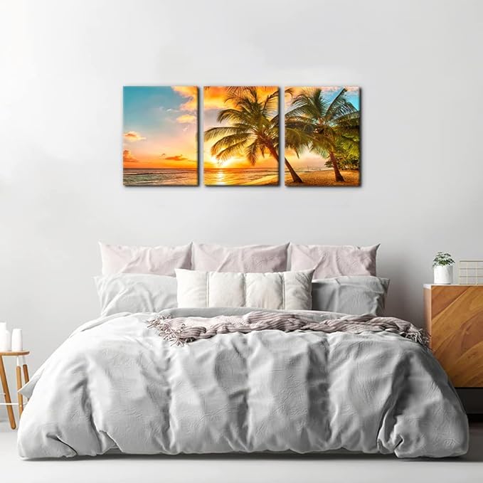 3 Panels Sea Landscape Modern Wall Art Ocean Sunset Canvas Prints Sea Beach Pictures Painting on Canvas Wall Art for Home Decor Gallery Wrapped Tropical Scenery Seascape Giclee Artwork - 12"x16"x3