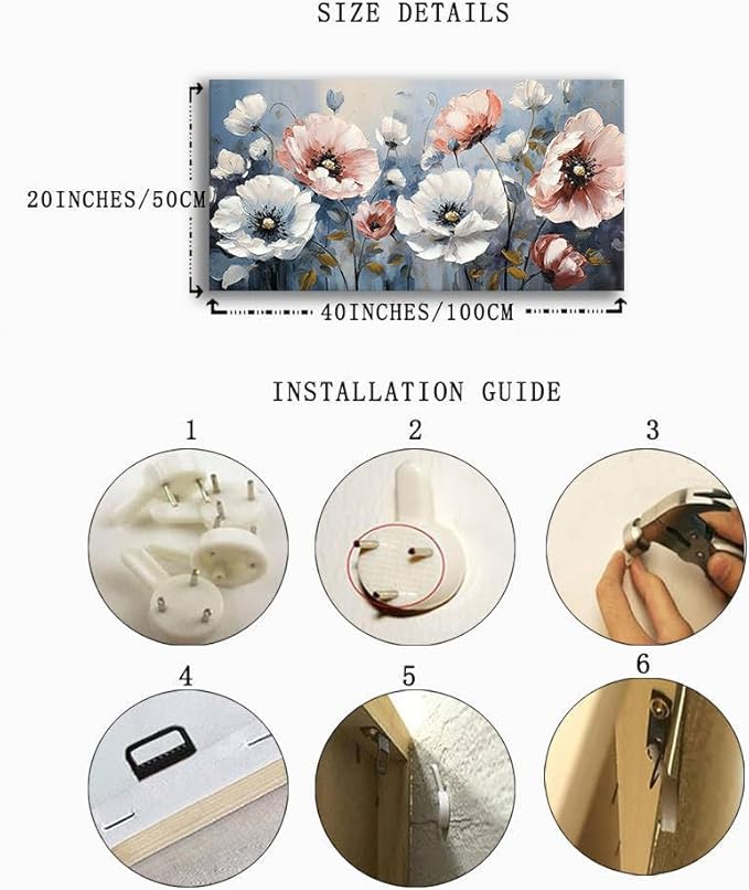 BYXART Pink & White Flower Canvas Painting Stunning Flower Canvas Wall Art In Light Blue-Gray Tone Background Floal Picture Abstract Artwork for Bedroom Living Room Office Bathroom Wall Decor 40Lx20W