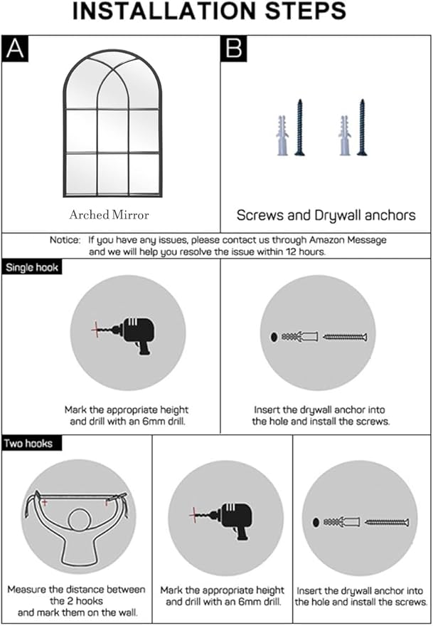 Arched Window Wall Mirror, 42"x24", Decorative Mirror, Vanity Mirrors for Bathroom, Bedroom, Entryway, Living Room, Window Pane or Farmhouse Mirrors for Wall Decor, Metal Frame, Black