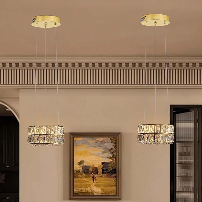 Led 11.8" Gold Ring Crystal Chandelier, Modern Dimmable Chandeliers Lighting and Hanging Adjustable, LED Round Ceiling Light Fixtures for Dining Room Living Room