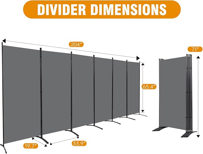 6 Panel Folding Privacy Screens, 6 FT Tall Wall Divider with Metal Frame, Freestanding Room Divider for Office Bedroom Study (6 Panel, Grey)