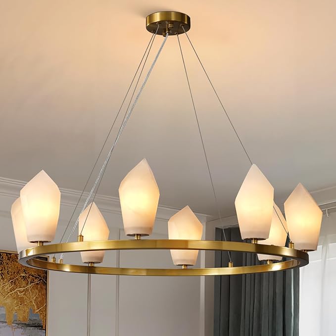 Alabaster Chandelier, 31.5" 8-Light Large Round Chandeliers for Living Room with Bulb, Wagon Wheel Chandelier for Entryway, Farmhouse Chandeliers for Bedroom, Gold Foyer Lighting Fixtures