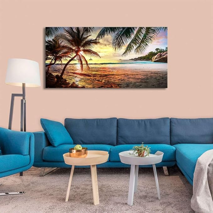 BYXART Canvas Wall Art for Bedroom Tropical Palm Tree Summer Ocean Waves Coconut Trees Beach Sunrise Seascape Scenery Painting Nature Picture for Living Room Bathroom Home Office Decor 40L x 20W
