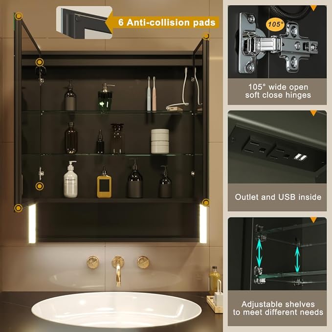 KWW LED Lighted Bathroom Medicine Cabinet with Sockets & USBs, Defogger, Dimmable, 3 Color Light Makeup Mirror, Easy to Install, Wall Mounted Cabinet (Two-Door, 31 * 34)
