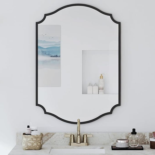 Chende Black Bathroom Mirror for Over Sink, 32'' x 20'' Arched Mirror with Scalloped Frame for Home Decor, Modern Decorative Wall Mirrors for Entryway, Living Room, Dining Room, Bedroom, Fireplace