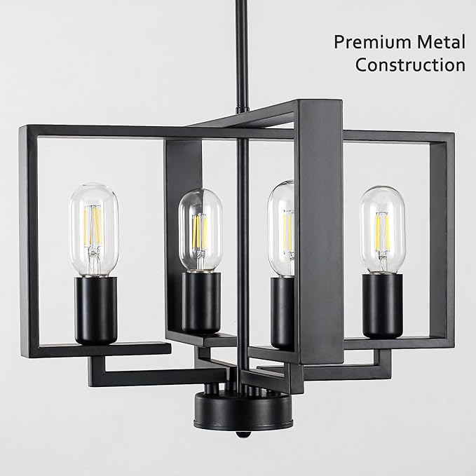 4-Light Modern Farmhouse Black Chandeliers for Entryway, 16'' Geometric Pendant Lights Kitchen Island, Hanging Industrial Metal Chandelier for Stairway Foyer Hallway Dining Room