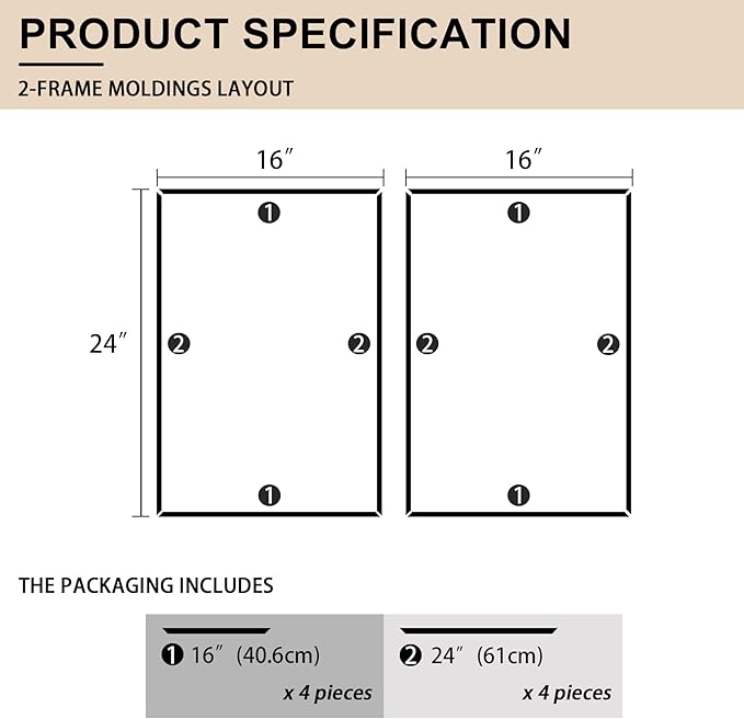 2 Set of 16" x 24" Pre-Cut Accent Wall Molding Trim Kit, Peel and Stick Premade Wainscoting Panels for Interior Decoration, Ready to Assemble Chair Rail Moulding
