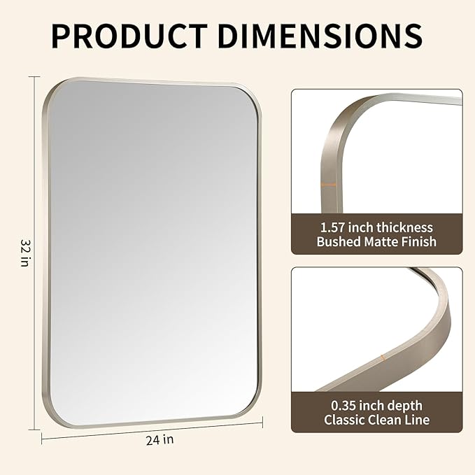 Brushed Nickel Mirror, 24x32 Inch Brushed Nickel Rectangle Mirror, Aluminum Alloy Framed Vanity Mirror, Rounded Rectangle Bathroom Mirror for Over Sink, Anti-Rust