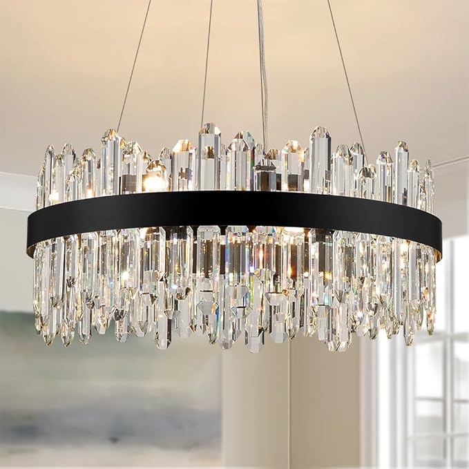 Black Modern Oval Crystal Chandelier, 16-Lights Luxury Chandeliers 2-Tiers K9 Crystal Chandelier Pendant, Light Fixture G9 Lights for Dining Living Room Entryway Kitchen Dia 23 inch