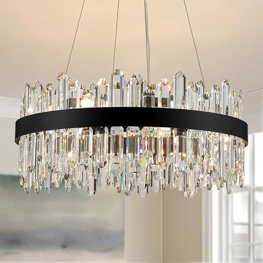 Black Modern Oval Crystal Chandelier, 16-Lights Luxury Chandeliers 2-Tiers K9 Crystal Chandelier Pendant, Light Fixture G9 Lights for Dining Living Room Entryway Kitchen Dia 23 inch