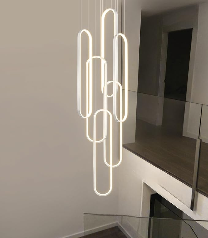 6 Rings Modern Chandelier LED Dimmable Pendant Lighting High Ceiling Chandelier for Entrance Foyer Lobby Staircaes Sliver 118''