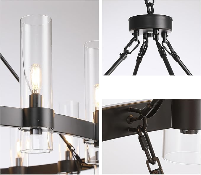 Large Black Chandelier, 30 Light Wagon Wheel Chandelier with Glass Shade,60 Inch Round Industrial High Ceilings Pendant Lighting Fixture for Dining Living Room, Kitchen Island, Foyer