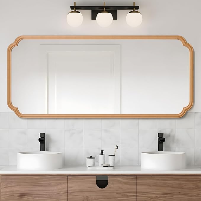 Natural Wood Framed Bathroom Mirror for Wall, 60X24 Inch Wood Bathroom Vanity Mirror Farmhouse, Large Rounded Rectangle Mirror, Tempered Glass, Hangs Horizontally or Vertically