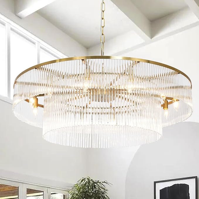 Modern Glass Chandelier Lighting Brass Chandeliers for High Ceiling Entryway Foyer Large Glass Hanging Light Fixture Grand Living Room Hall 39"