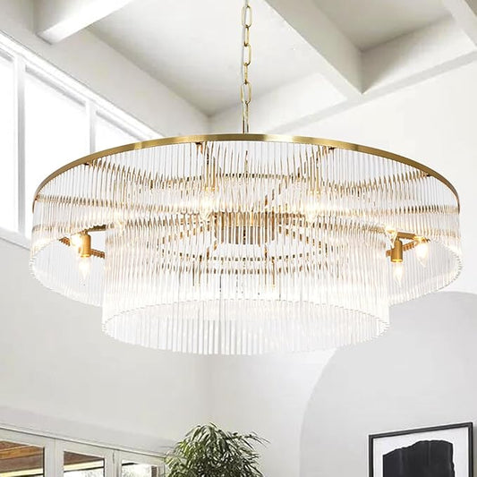 Modern Glass Chandelier Lighting Brass Chandeliers for High Ceiling Entryway Foyer Large Glass Hanging Light Fixture Grand Living Room Hall 39"