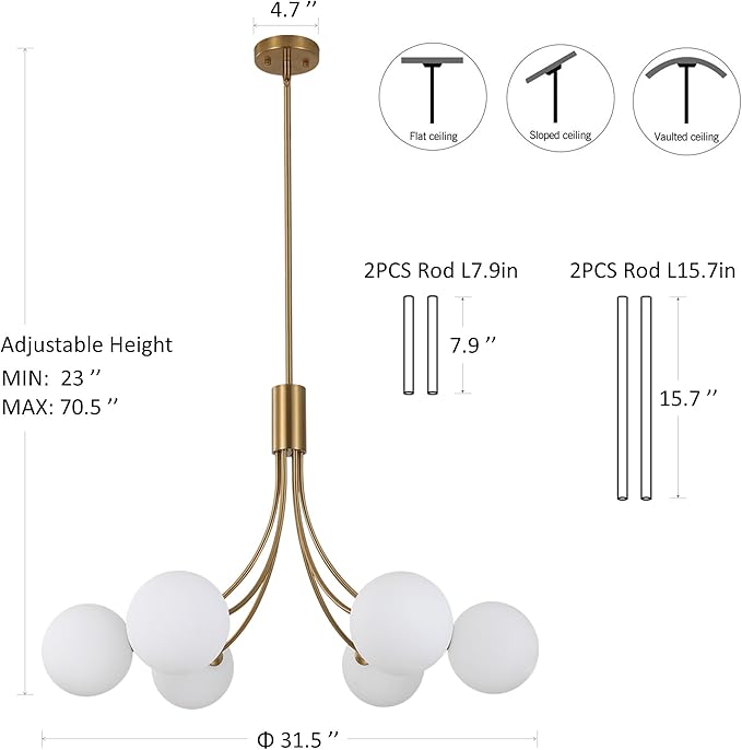 6-Light Modern Farmhouse Gold Chandeliers for Dining Room Light Fixture, Mid Century Hanging Sputnik Chandelier for Living Room Kitchen Island Bedroom Foyer, Milk White Globe Glass Shade