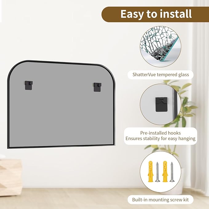 Black Wall Mounted Bathroom Mirror - 38 x 30 Inch Round Cruved Top Right Angle Bottom Wide Wall Mirror, Aluminum Metal Framed, Decor for Living Room, Bedroom, Fireplace, Mantle, Entryway