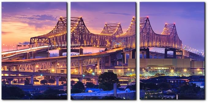 Pacimo Canvas Print Wall Art Set New Orleans Cityscape Modern Walls Decoration for Living Room Bedroom Office Crescent City Connection Bridge Pictures Painting Framed Ready to Hang - 16"x24"x3 Panels