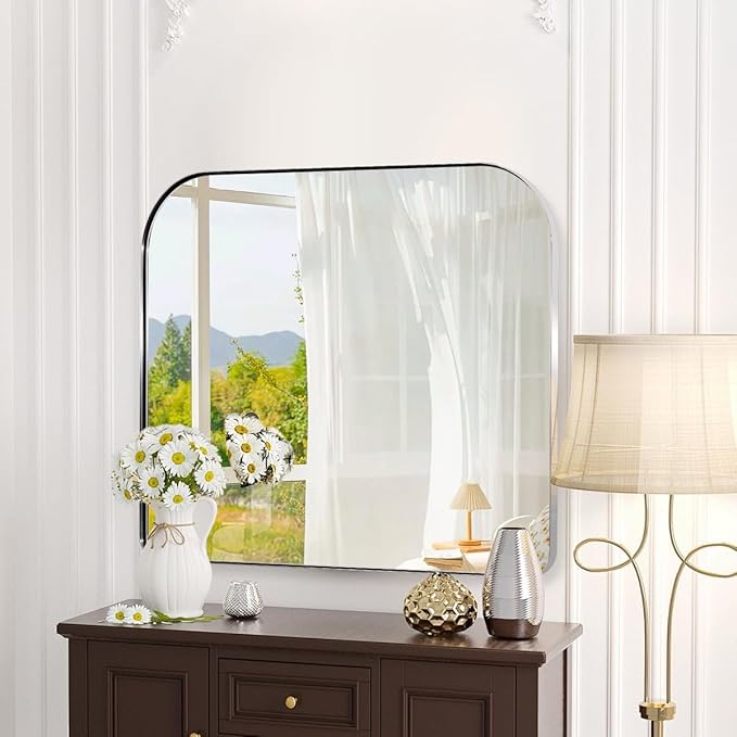 ANDY STAR Chrome Arched Mantel Large Wall Mirror, 30x36 Polished Nickel Stainless Steel Framed Arch Mirror Wall-Mounted for Wall Decor Living Room, Bathroom, Bedroom, Entryway & Fireplace Mantel