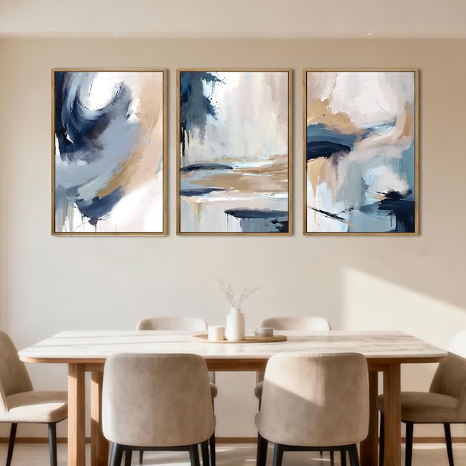 Large Blue Abstract Wall Art Framed Modern Artwork Neutral Wall Decor for Living Room Bedroom Office 16x24 Inch Set of 3