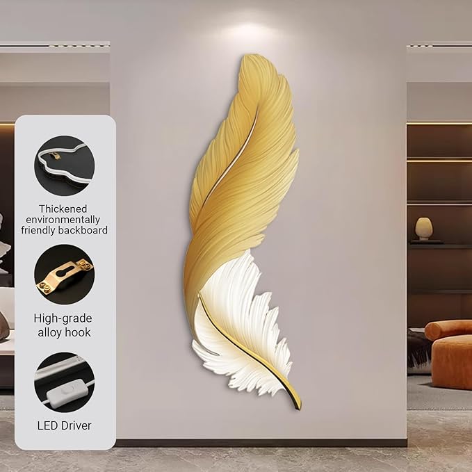 Large Feather Wall Hanging Sculpture Painting with LED Light,3D Wall Feather Sculptures Painting Hanging Wall Art with Led Light,for Hallway, Living Room(Type D,35x100cm/13.7x39.4in)