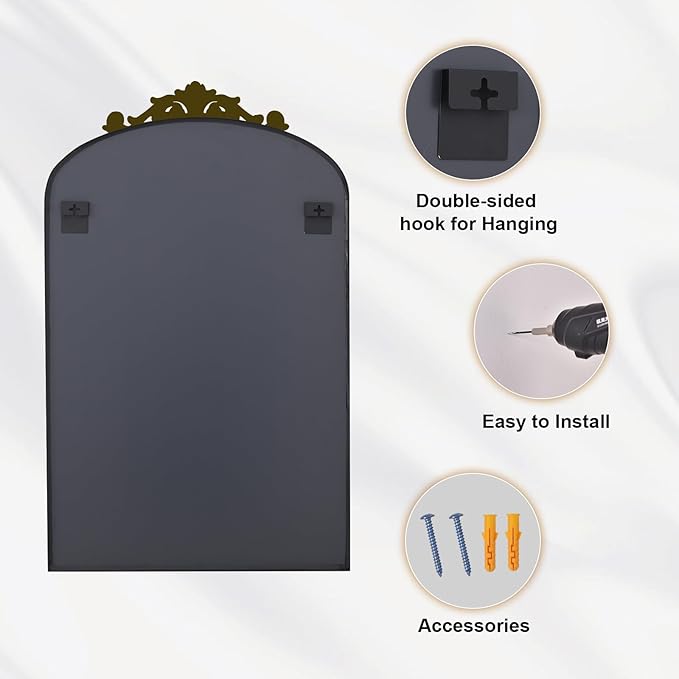 38"x 26" Arched Bathroom Mirror, Wall-Mounted Mirror with Carved Metal Frame & Bottom Art Carved, Vanity Mirror for Home Decor, Hanging Wall Mirror with Baroque Ornate Carved Accents, Vintage Bronze