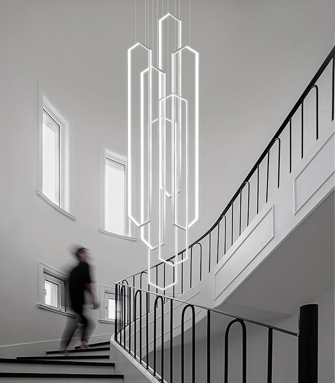 6 Rings Sliver Modern Large Chandelier Dimmable LED High Ceiling Chandelier for Living Room Foyer Modern Hanging Ceiling Light