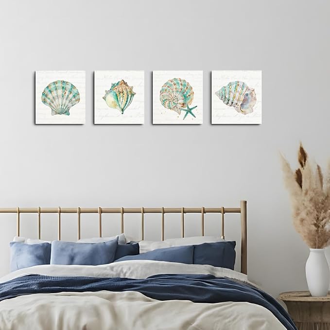 4 Pcs Seashells Starfish Wall Art, 7.9x7.9in Beach Framed Art Paintings Wall Decor Ocean Inspired Seaside Ocean Inspired for Living Room Bathroom Beach House Home Kitchen Decor