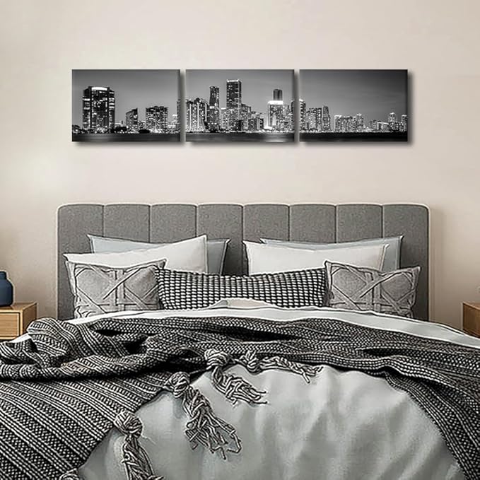 Miami Skyline Wall Art for Living Room Downtown Miami Black and White Wall Art Canvas Print Modern Home Decor Pictures Skyscraper Artwork House Decor Posters Prints Ready to Hang 14x60 Inch