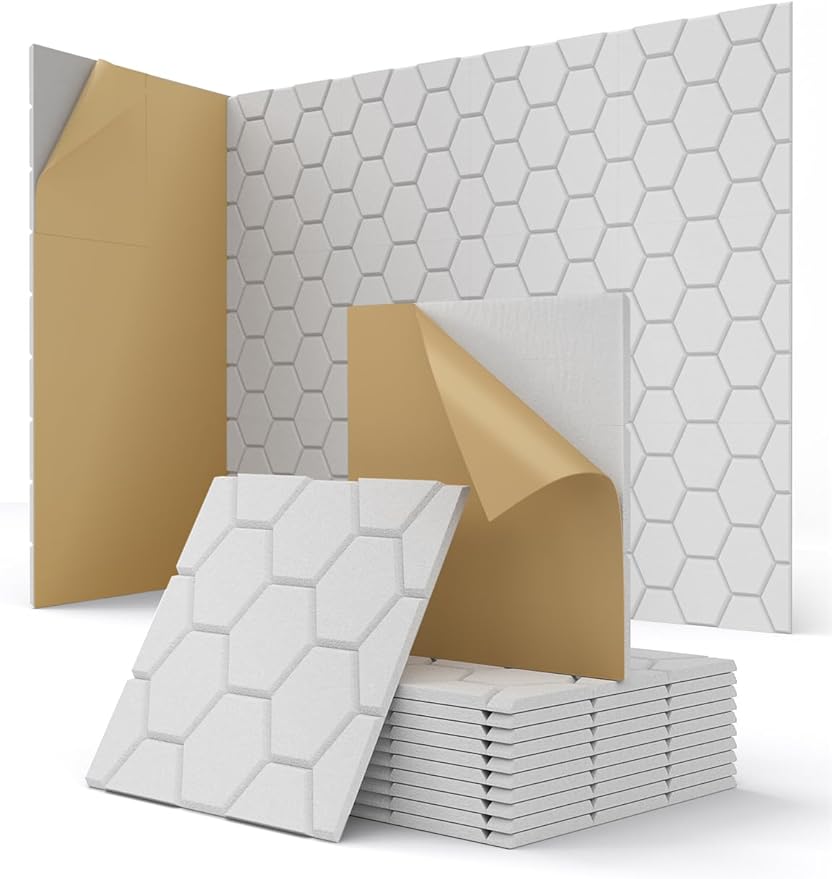 Acoustic Wall Panels Sound Absorbing, Honeycomb Self Adhesive Wall Tiles Panel, 12 Pack Decorative Hexagon Design for Studio, Home Office, Gaming Room, Acoustic Treatment, 12"x12"x0.4", White