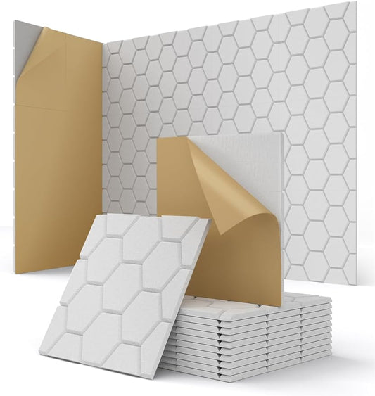 Acoustic Wall Panels Sound Absorbing, Honeycomb Self Adhesive Wall Tiles Panel, 18 Pack Decorative Hexagon Design for Studio, Home Office, Gaming Room, Acoustic Treatment, 12"x12"x0.4", White