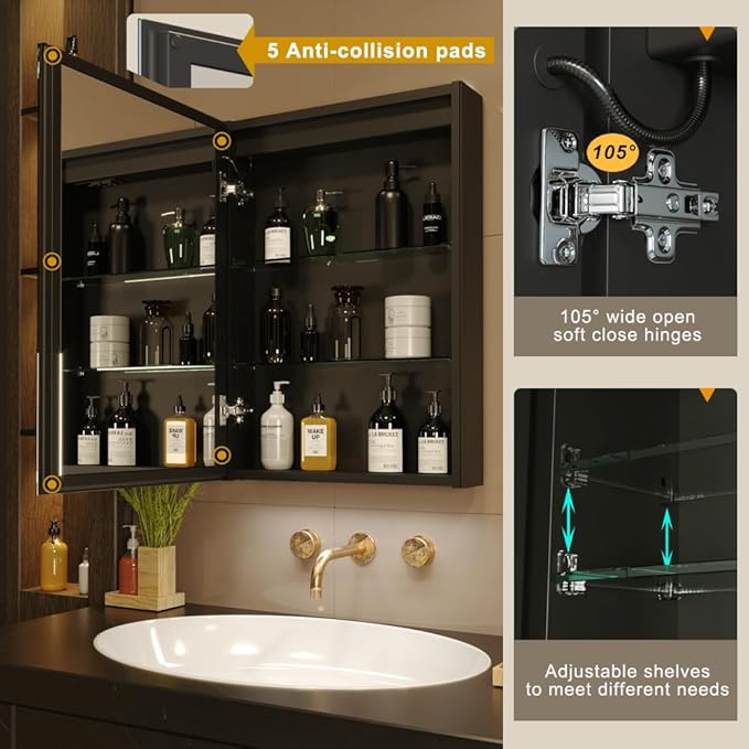 KWW LED Lighted Bathroom Medicine Cabinet with Sockets & USBs, Defogger, Dimmable, 3 Color Light Makeup Mirror, Easy to Install, Wall Mounted Cabinet (Left Hinge, 20 * 28)