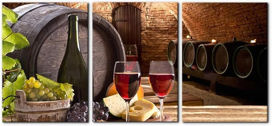 Kitchen Wall Art Red Wine Cellar Pictures Wooden Barrel and Fruit Grape Painting for Living Room 3 Panel Canvas Artwork House Modern Decor Giclee Posters Prints Framed Ready to Hang - 20"x28"x3