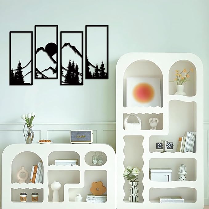 Metal Sunset Mountain Forest Wall Decor Set of 4, Minimalist Line Drawing Large Mountains Wall Art Home Decor for Living Room Bedroom Office…